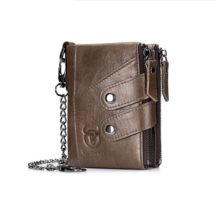 BULL CAPTAIN Leather Three-fold Zipper Wallet For Men(Brown)