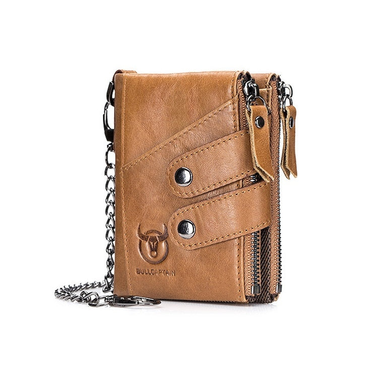 BULL CAPTAIN Leather Three-fold Zipper Wallet For Men(Yellow Brown)