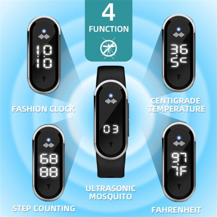 M21 Ultrasonic Mosquito Repellent Bracelet with Step Counter & Clock & Temperature Function(Black)