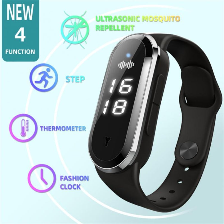 M21 Ultrasonic Mosquito Repellent Bracelet with Step Counter & Clock & Temperature Function(Black)