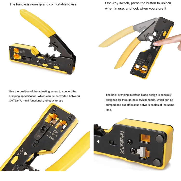 6P8P Seven-type Through-hole Crystal Head Wire Stripping Tool Network Cable Pliers(Yellow)