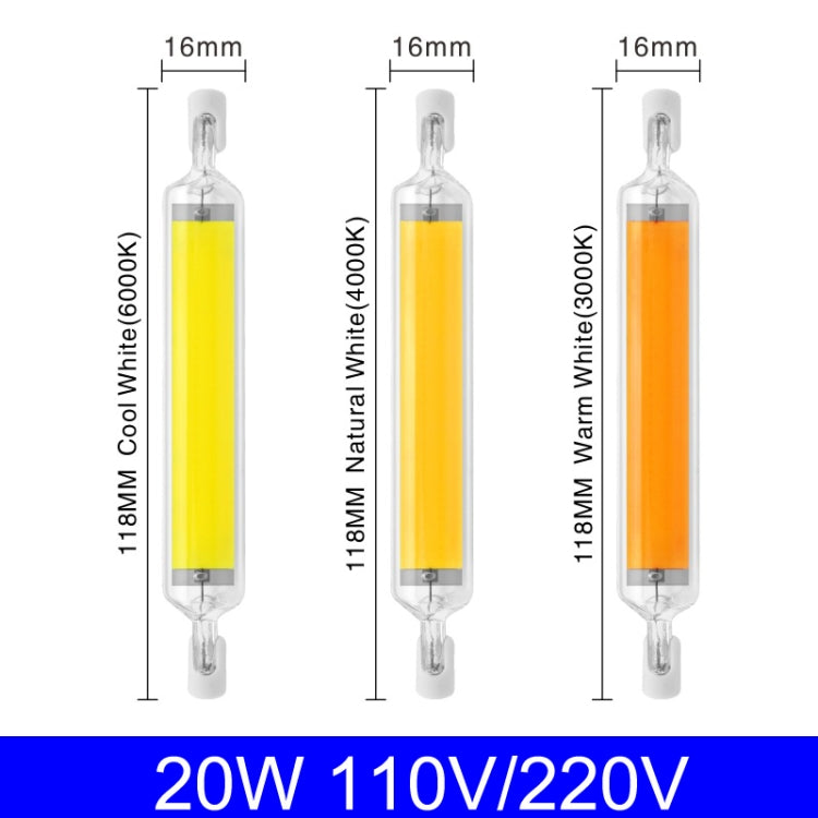 118mm 20W R7S LED COB Dimmer Glass Lamp Double-end Horizontal Plug-in Light(110V Natural White Light)