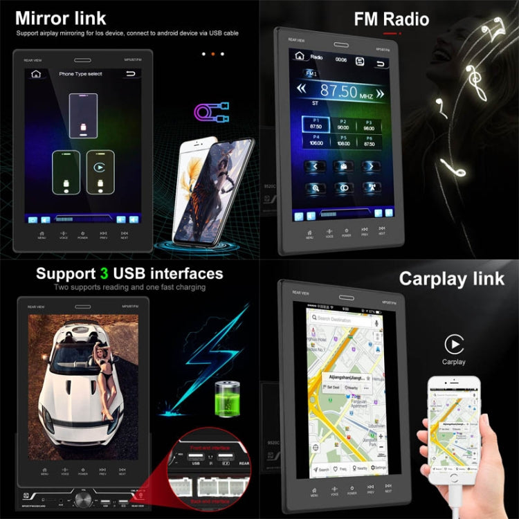 9520C Double Spindle 9.5 inch Vertical Screen Car MP5 Player, Style: Standard+4 Light Camera