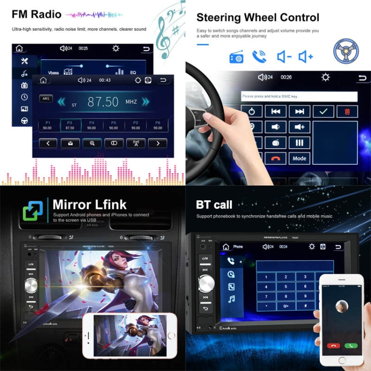 7622C 6.2 inch Dual Spindle HD Car Universal MP5 Carplay Player, Style: Standard+AHD Camera