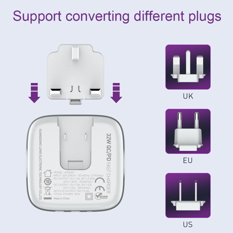 LDNIO A3513Q 32W QC3.0 3 USB Ports Phone Adapter EU Plug with Type C to 8 Pin Cable