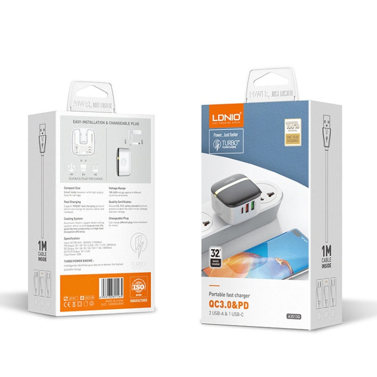 LDNIO A3513Q 32W QC3.0 3 USB Ports Phone Adapter EU Plug with Type C to 8 Pin Cable - USB Charger by LDNIO | Online Shopping South Africa | PMC TechLife | Buy Now Pay Later Mobicred
