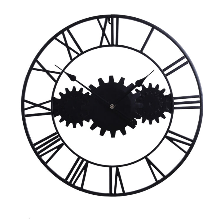 60cm Vintage Iron Round Gear Wall Clock Silent Large Art Clock(Black+Black Needle)
