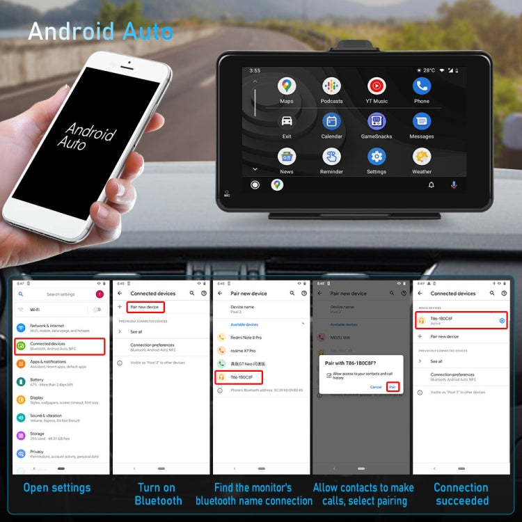 A3135 7 Inches HD Wired Smart Screen With Wireless CarPlay + Android Auto + Android Without Camera