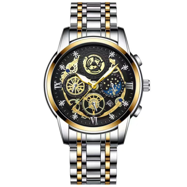 BINBOND 4010 Multifunctional Water-resistant Hollowed Luminous Quartz Watch(Inter-gold Black Surface)
