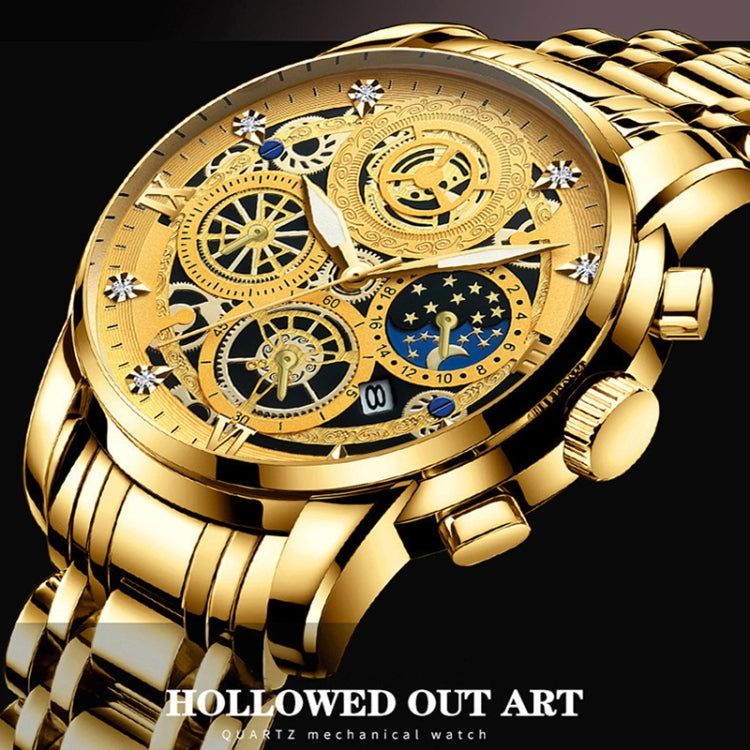 BINBOND 4010 Multifunctional Waterproof Hollowed Luminous Quartz Watch(Inter-gold Black Surface) - free shipping - PMC Jewellery - Order now!