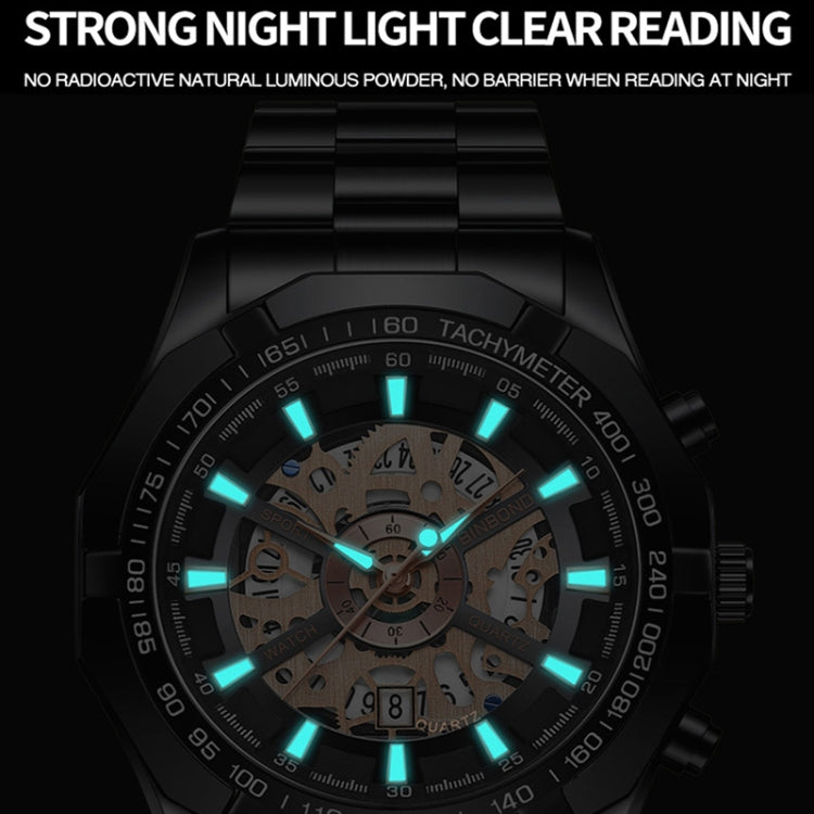 BINBOND S033 Hollowed Mechanical 30m Water-resistant Luminous Quartz Watch, Color: Black Steel-Black-Rose Gold