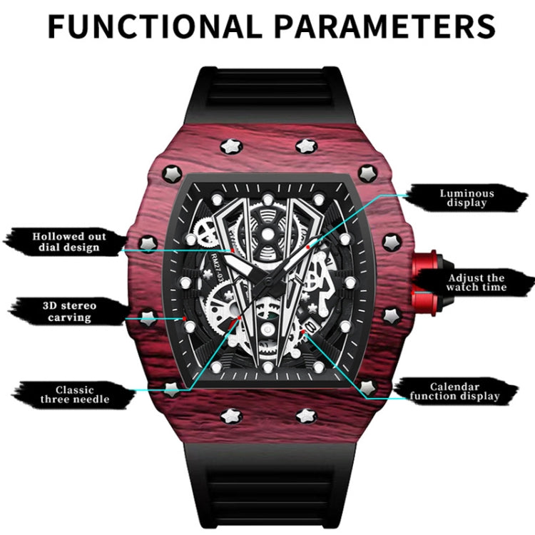 BINBOND B6577 Barrel Shape 30m Water-resistant Sports Quartz Watch(Black Silicon-Red-Black)