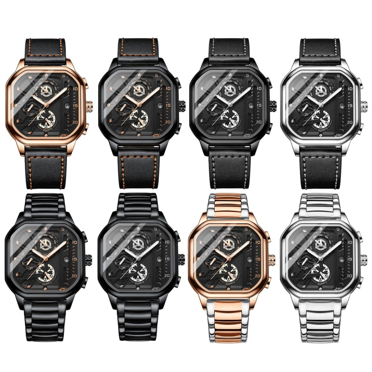 BINBOND B6577 30M Waterproof Luminous Square Quartz Watch, Color: Black Leather-White-White - free shipping - PMC Jewellery - Order now!