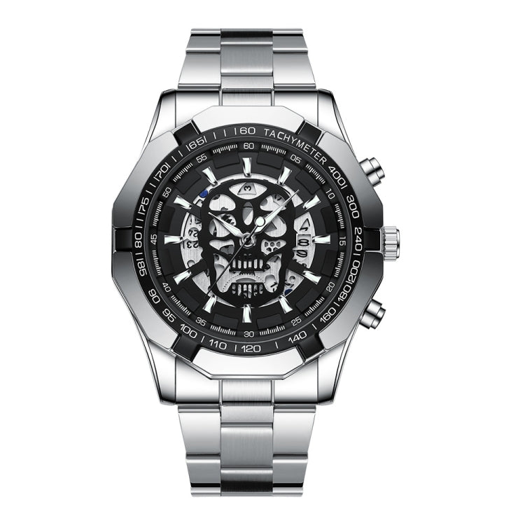 BINBOND S034 30M Water-resistant Quartz Watch Skull Skeleton Luminous Watch(White Steel Black)