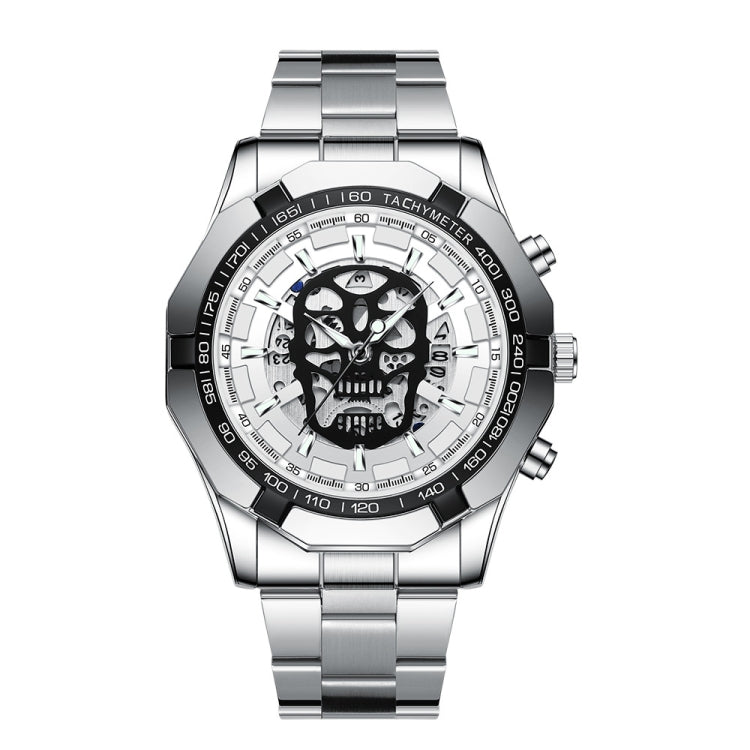 BINBOND S034 30M Water-resistant Quartz Watch Skull Skeleton Luminous Watch(White Steel White)