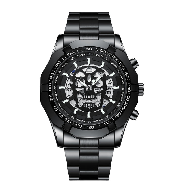 BINBOND S034 30M Water-resistant Quartz Watch Skull Skeleton Luminous Watch(Black Steel Black White Nail)