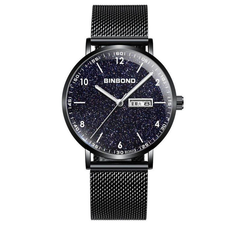 BINBOND B3820 30M Water-resistant Ultra-thin Quartz Luminous Starry Watch, Color: Black Net-Black-Starry