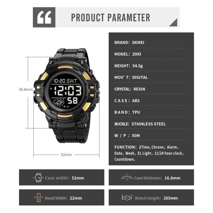 SKMEI 2003 Multifunctional Back Light Sports Watch Mens Countdown Date Alarm Clock Watch(Black White Machine)