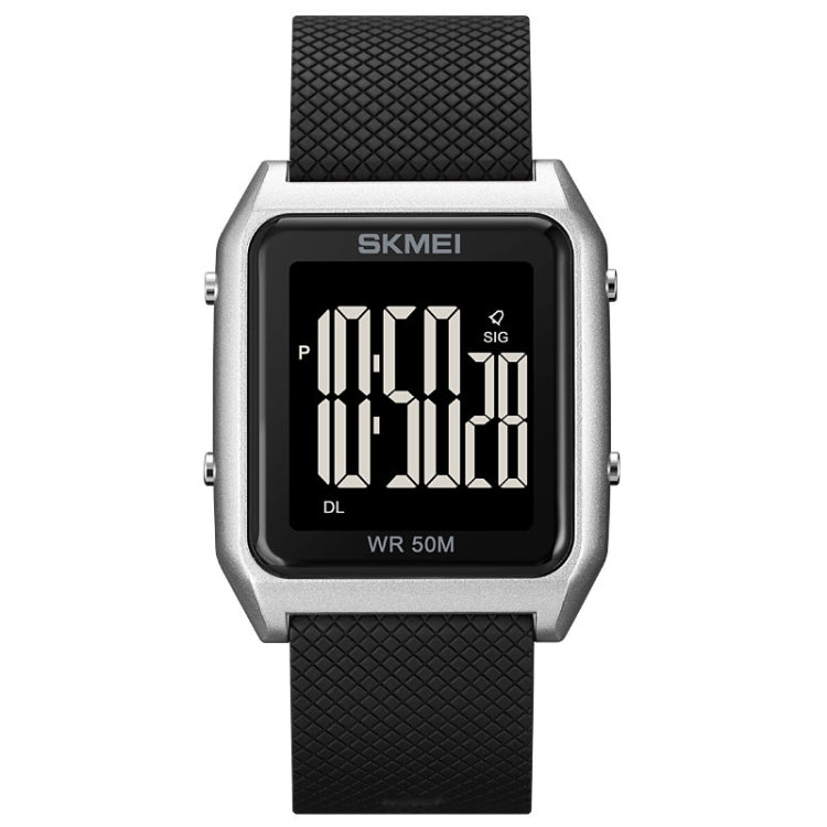 SKMEI 1866 Square Large Screen Men Steel Belt Multi-function Night Light Alarm Clock Watch(Silver Black Machine)