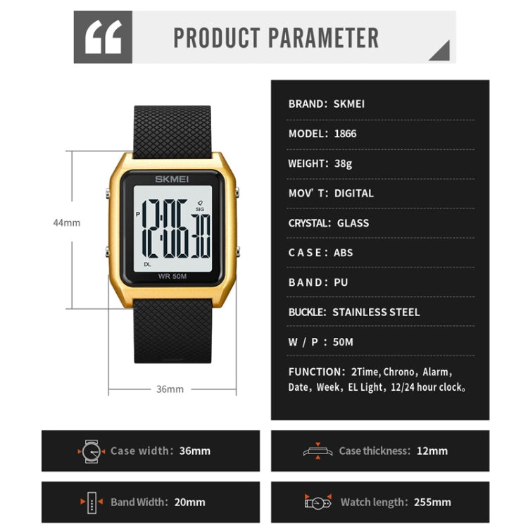 SKMEI 1866 Square Large Screen Men Steel Belt Multi-function Night Light Alarm Clock Watch(Gold Black Machine) - free shipping - PMC TechLife - Order now!