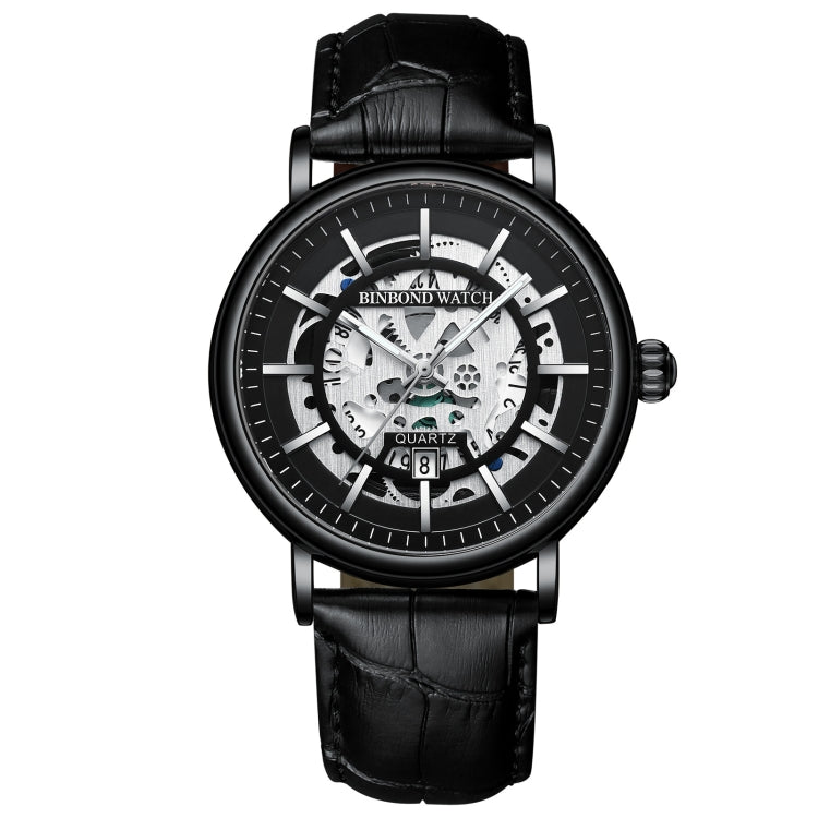 BINBOND B7872 Multifunctional Hollow Luminous Water-resistant Quartz Watch, Color: Black Leather-Black-Black