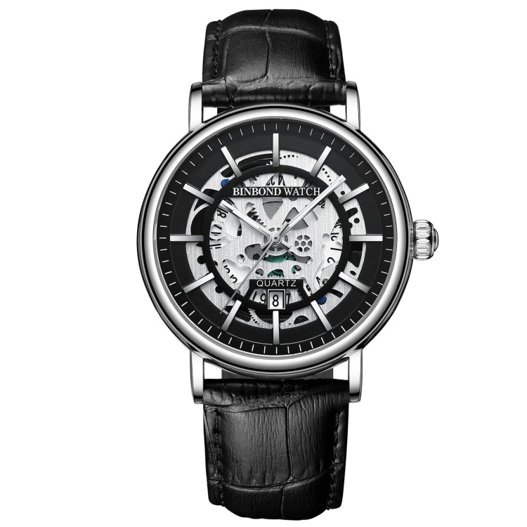 BINBOND B7872 Multifunctional Hollow Luminous Water-resistant Quartz Watch, Color: Black Leather-White-Black