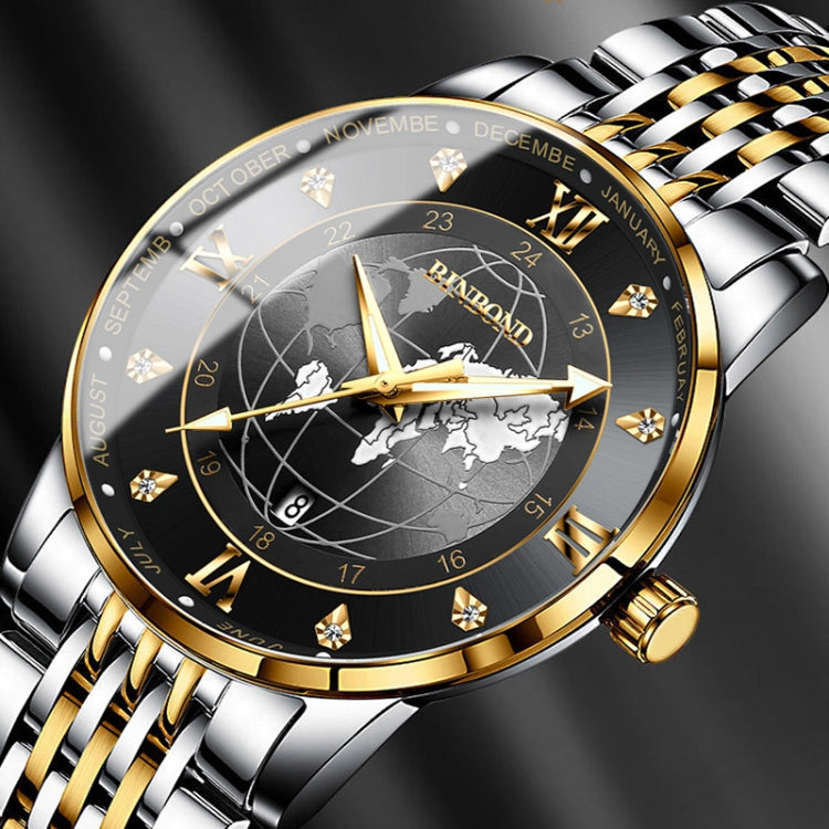 BINBOND B1117 30M Waterproof Earth Dial Butterfly Buckle Luminous Quartz Watch(Inter-gold-Black) - free shipping - PMC Jewellery - Order now!