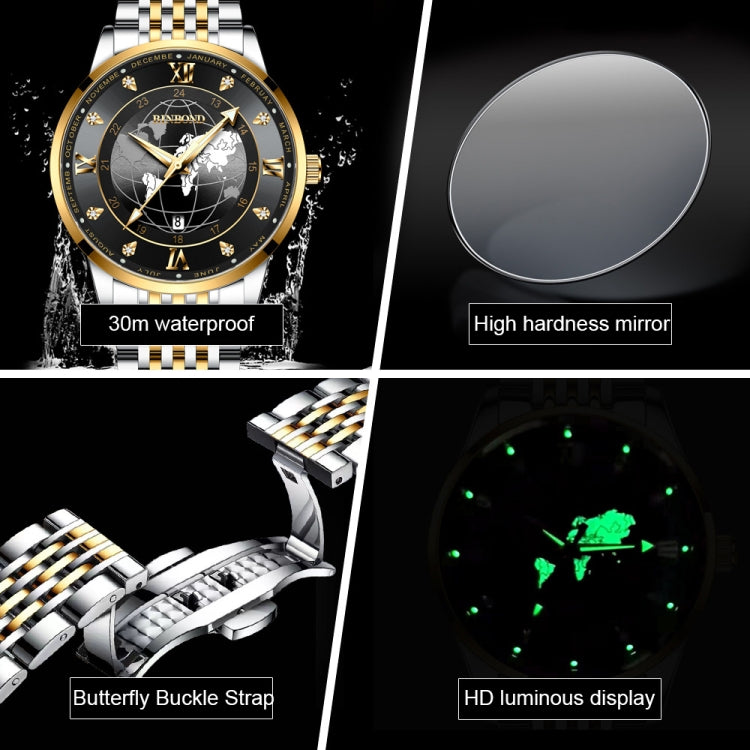 BINBOND B1117 30M Waterproof Earth Dial Butterfly Buckle Luminous Quartz Watch(Inter-gold-Black) - free shipping - PMC Jewellery - Order now!