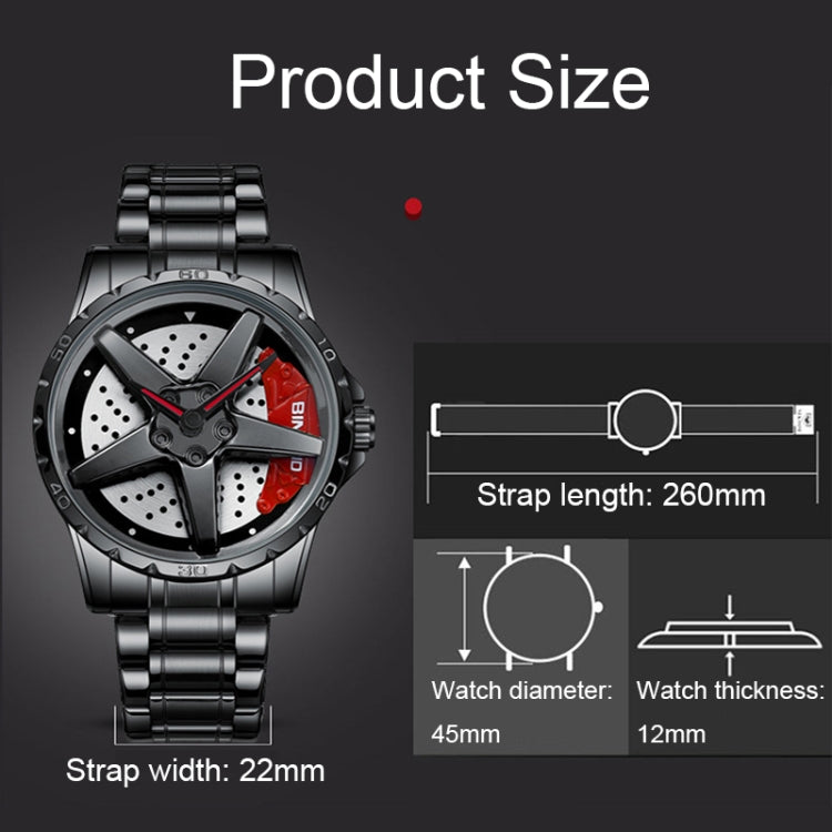 BINBOND D002 Car Hub Dial Multifunctional Water-resistant and Wear-resistant Men's Watch(Black Steel-Red)