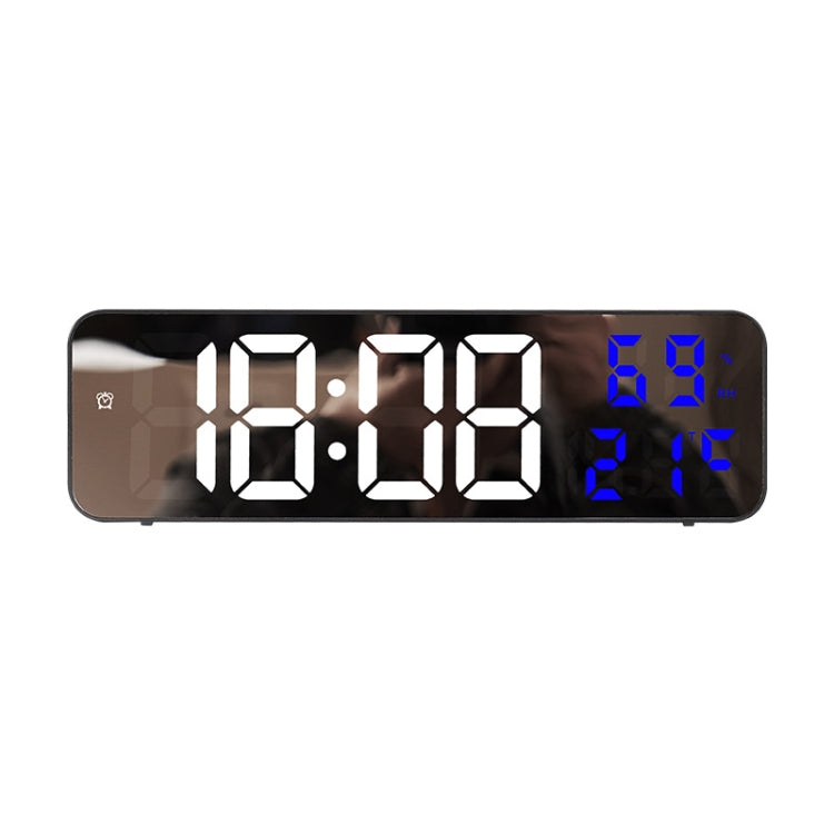 671 Mirror Screen Digital LED Alarm Clock USB Plug-in/Battery Dual-use With Temperature/Humidity Display(Black Shell White Blue)