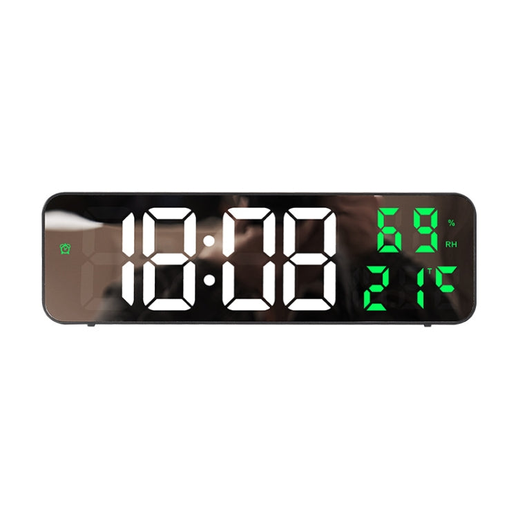 671 Mirror Screen Digital LED Alarm Clock USB Plug-in/Battery Dual-use With Temperature/Humidity Display(Black Shell White Green)