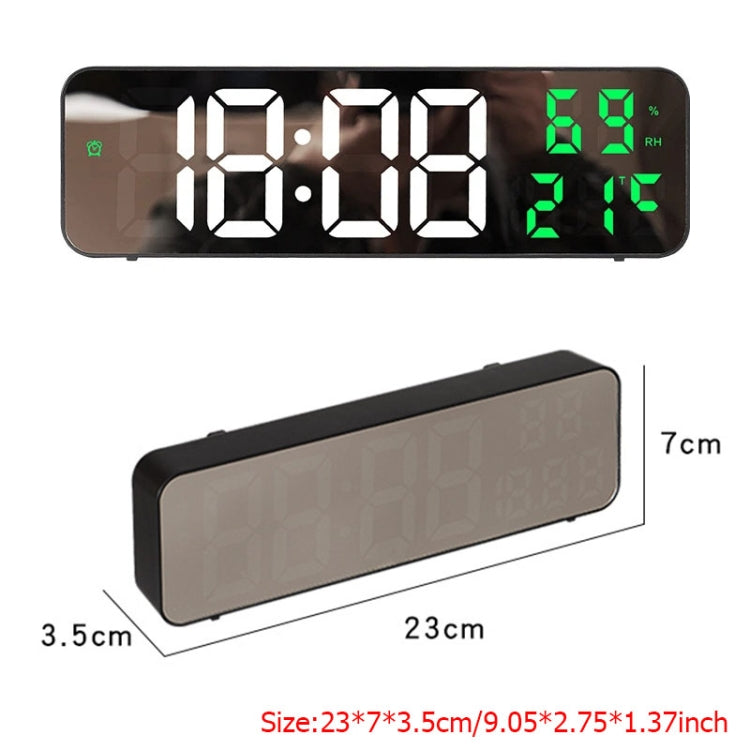 671 Mirror Screen Digital LED Alarm Clock USB Plug-in/Battery Dual-use With Temperature/Humidity Display(Black Shell White Green)