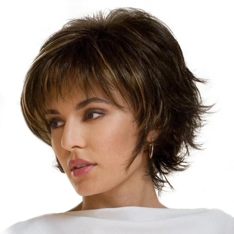WIG-396 Ladies Fluffy Short Curved Head Set Chemical Fiber Wig(Black Brown+Gold Yellow)
