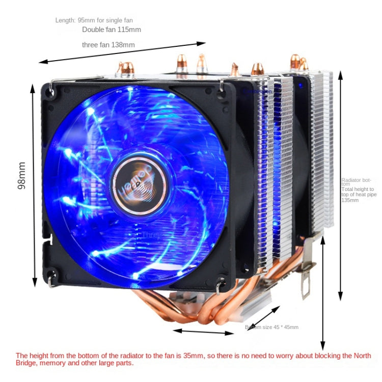 Desktop Computer Double Copper Tube CPU Radiator Super Quiet Color Light 3-pin Double Fan