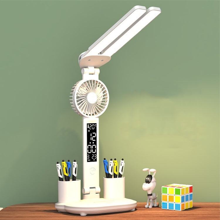 Rechargeable 3200mAh Double Head Lighting LED Fan Desk Lamp with Pen Holder & Clock