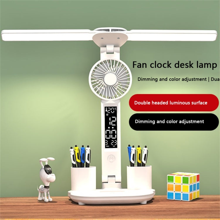 Rechargeable 3200mAh Double Head Lighting LED Fan Desk Lamp with Pen Holder & Clock
