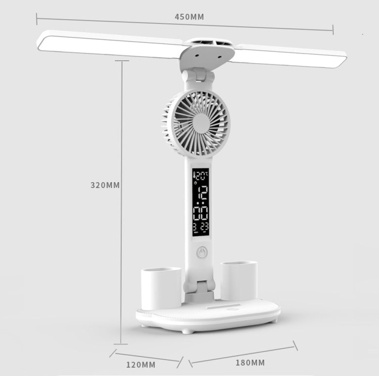 Rechargeable 3200mAh Double Head Lighting LED Fan Desk Lamp with Pen Holder & Clock