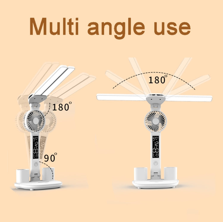 Rechargeable 3200mAh Double Head Lighting LED Fan Desk Lamp with Pen Holder & Clock