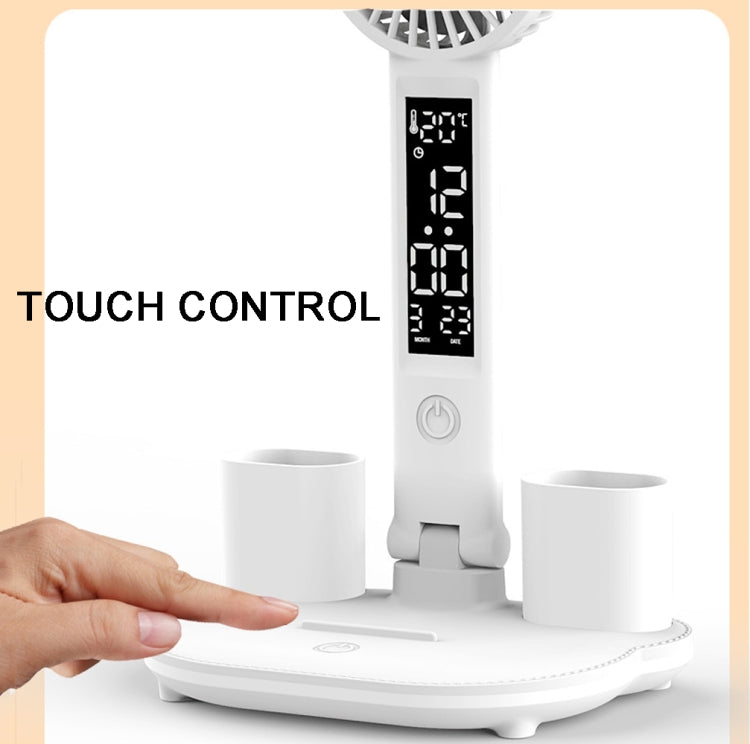Rechargeable 3200mAh Double Head Lighting LED Fan Desk Lamp with Pen Holder & Clock