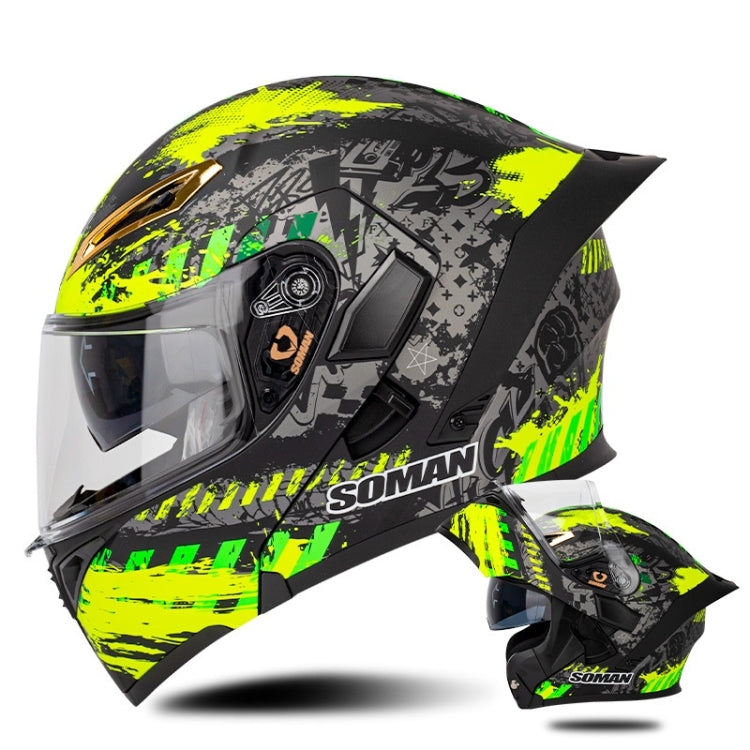 SOMAN Motorcycle Dual Lens Riding Peel-Off Full Coverage Helmet, Size: L(Black Fluorescent Yellow Spark)