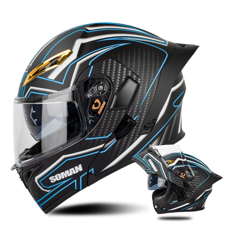 SOMAN Motorcycle Dual Lens Riding Peel-Off Full Coverage Helmet, Size: XL(Matt Black Blue)