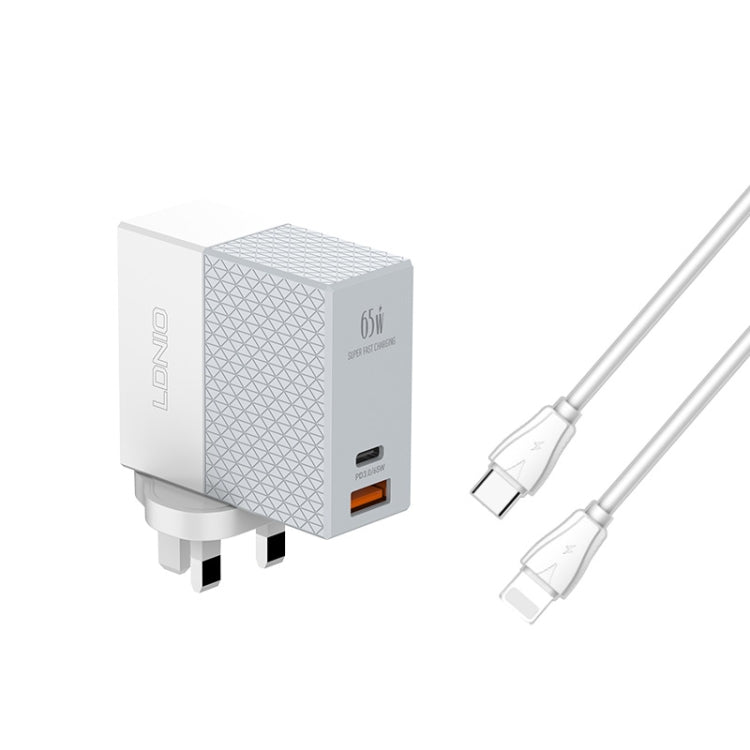 LDNIO A2620C 65W USB+Type-C/USB-C Port Dual Port Universal Phone Tablet Travel Charger(UK Plug+Type-C to 8 Pin)