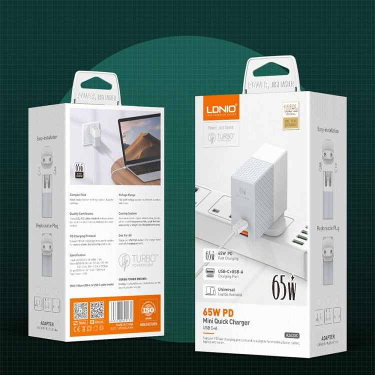 LDNIO A2620C 65W USB+Type-C/USB-C Port Dual Port Universal Phone Tablet Travel Charger(EU Plug+Type-C to 8 Pin) - free shipping - PMC TechLife - Order now!