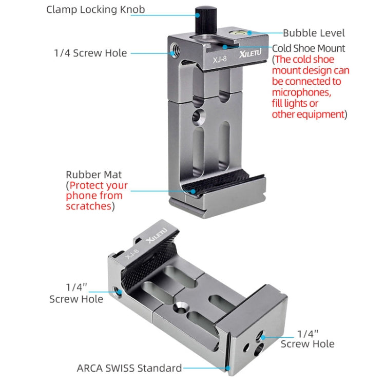 XILETU XJ-8 Aluminum Alloy Camera Head Tripod Mobile Phone Clip(Black) - Other Accessories by XILETU | Online Shopping South Africa | PMC Jewellery | Buy Now Pay Later Mobicred