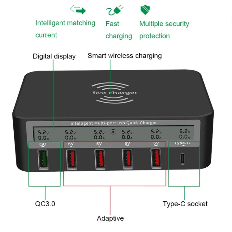 818F 5 USB Ports + Type-C Multifunctional Multi-Port Wireless Charger, Style: UK Plug (White)