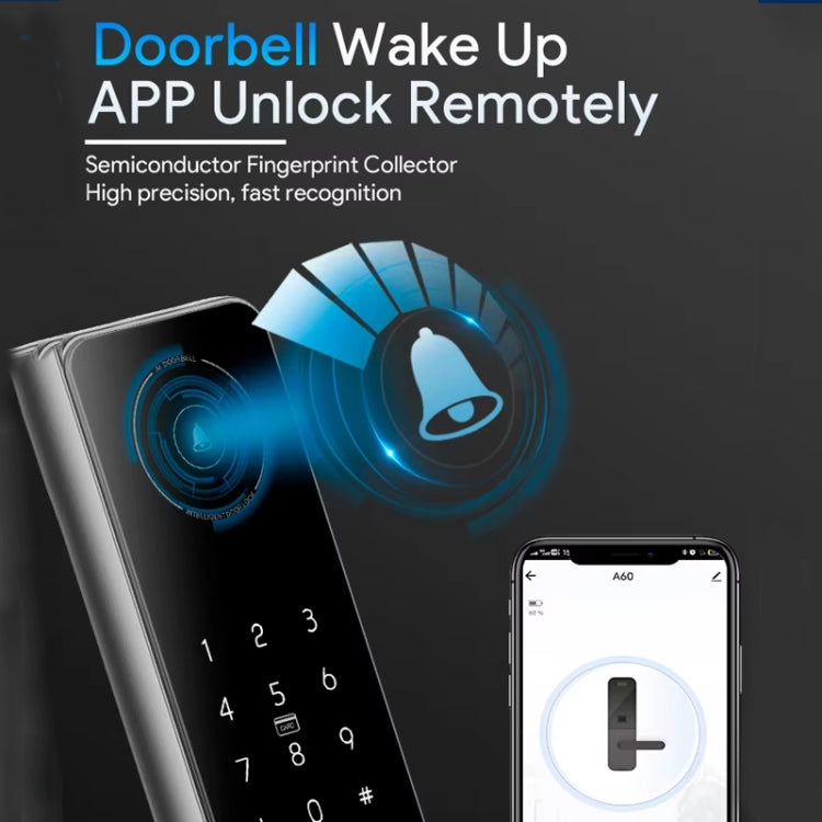A60 Smart Fingerprint Password Door Lock With Doorbell, Spec: Tuya APP Version Gray