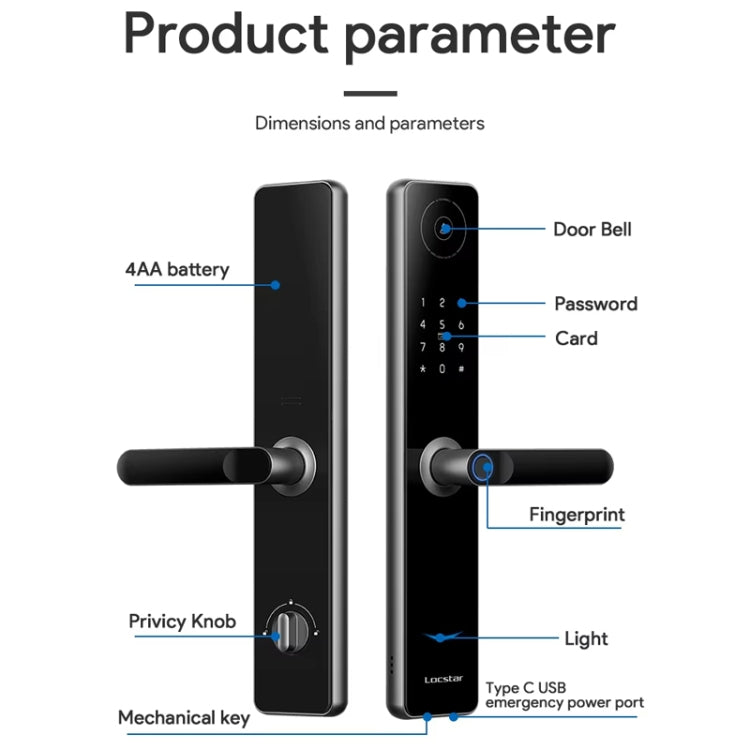 A60 Smart Fingerprint Password Door Lock With Doorbell, Spec: Tuya APP Version Gray