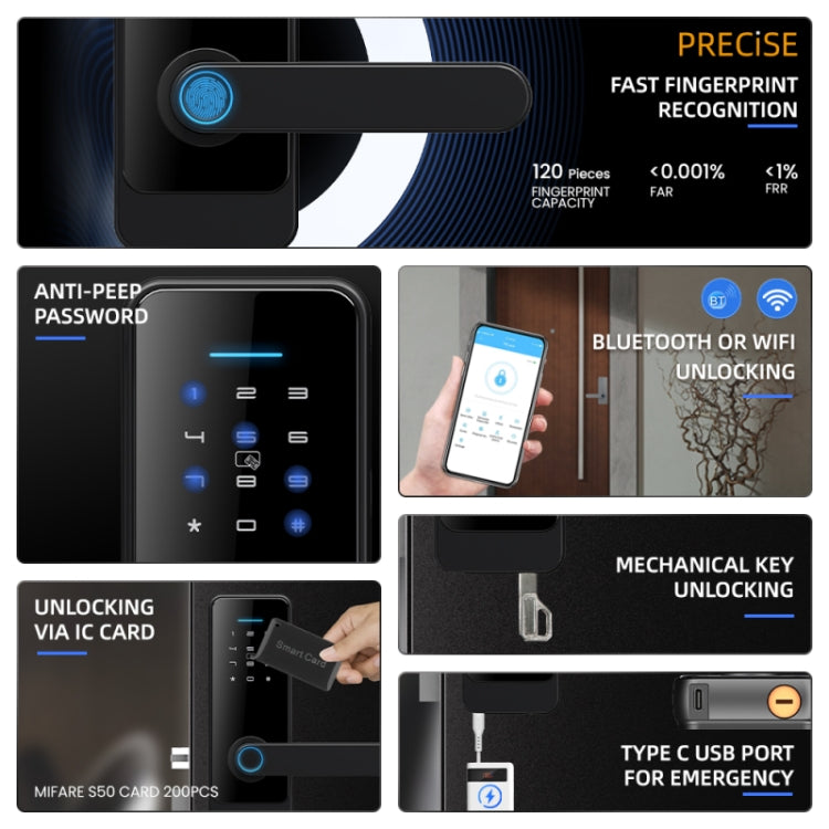 C89 Smart Fingerprint Password Lock Home Indoor Door TUYA System Lock(Silver)