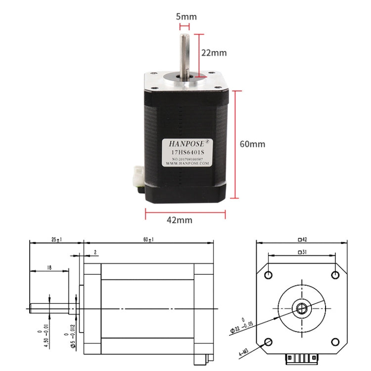 HANPOSE 17HS6401S 12V 1.7A 60mm 70N.cm 4-lead Stepper Motor