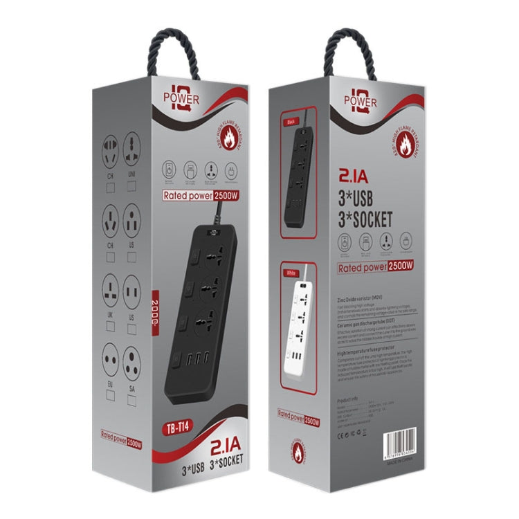 T14 2m 2500W 3 Plugs + 3-USB Ports Multifunctional Socket With Switch, Specification: EU Plug (White) - Extension Socket by PMC TechLife | Online Shopping South Africa | PMC TechLife | Buy Now Pay Later Mobicred